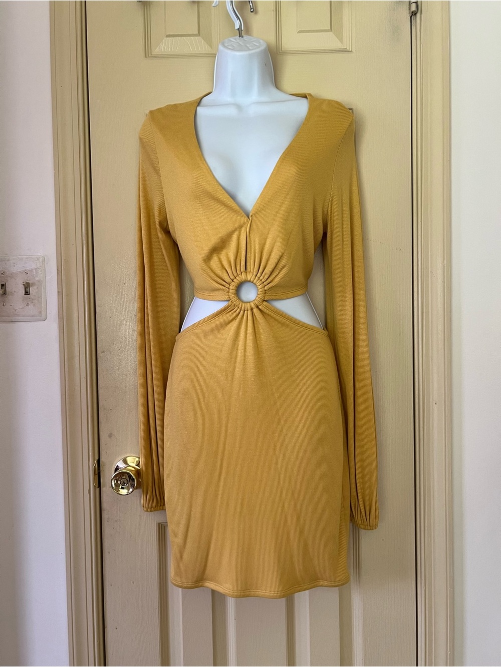 Vici Mustard Ring-Cutout Long Sleeve Mini Dress